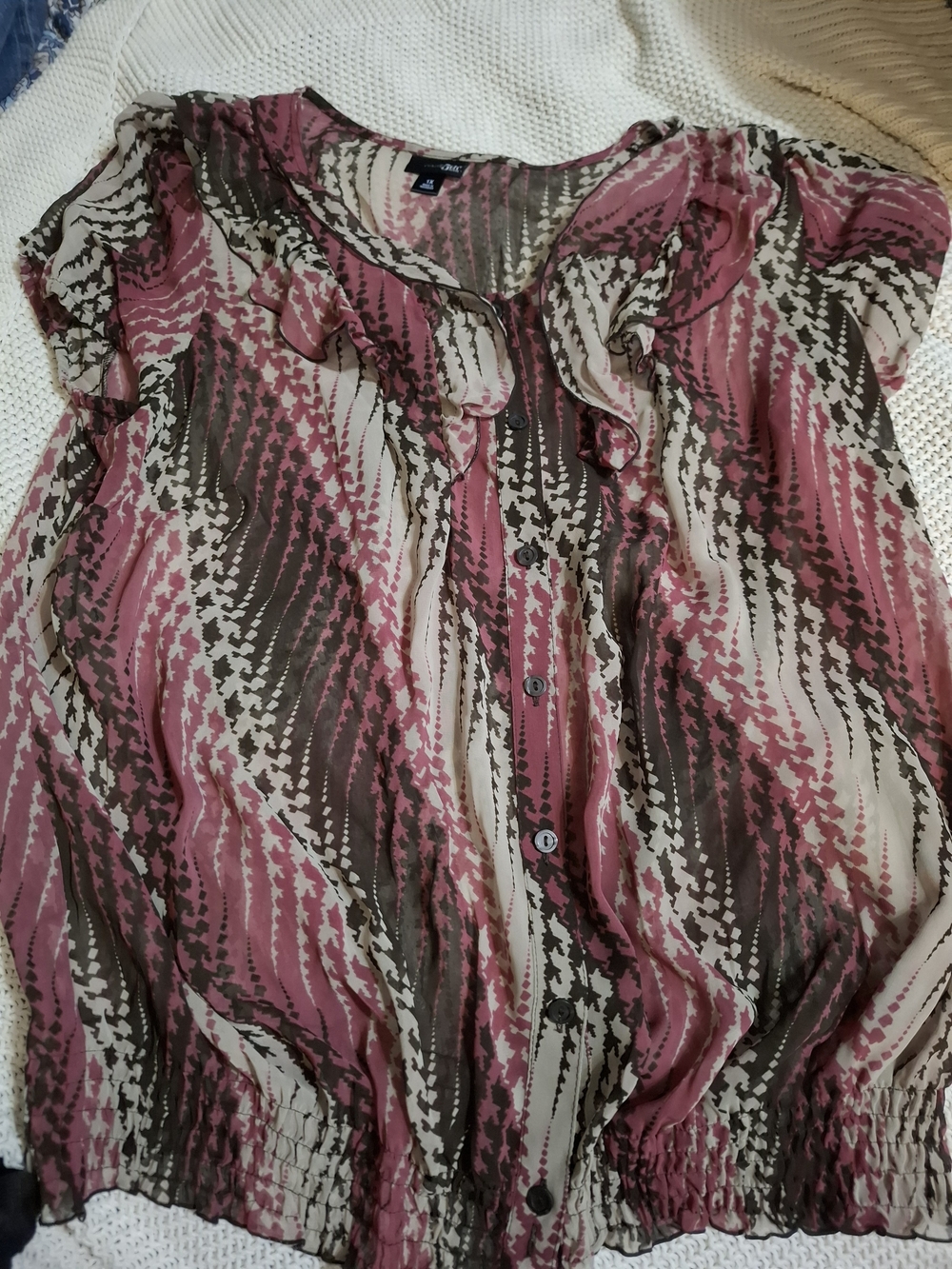 East 5th Pink and Brown Patterned Ruffle Button-Front Blouse
